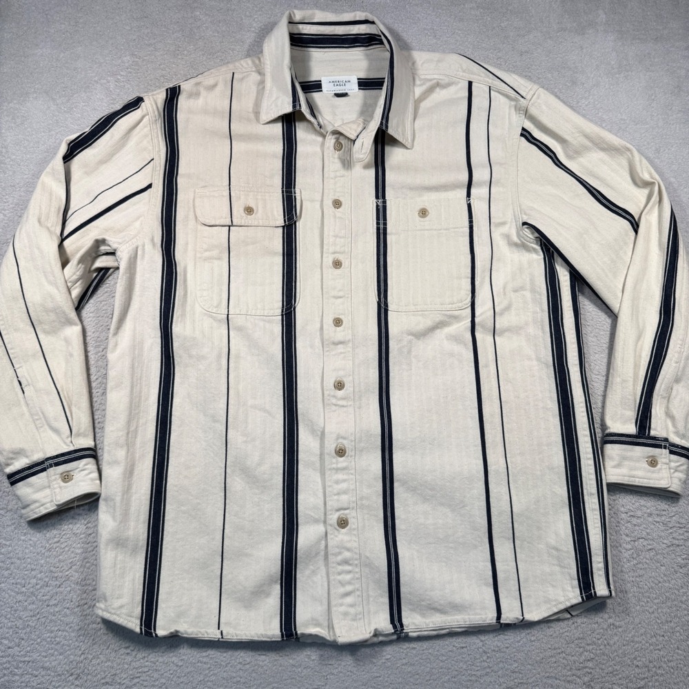 American Eagle Button Up Men LT Cream Navy Stripe Heavy Workwear Herringbone